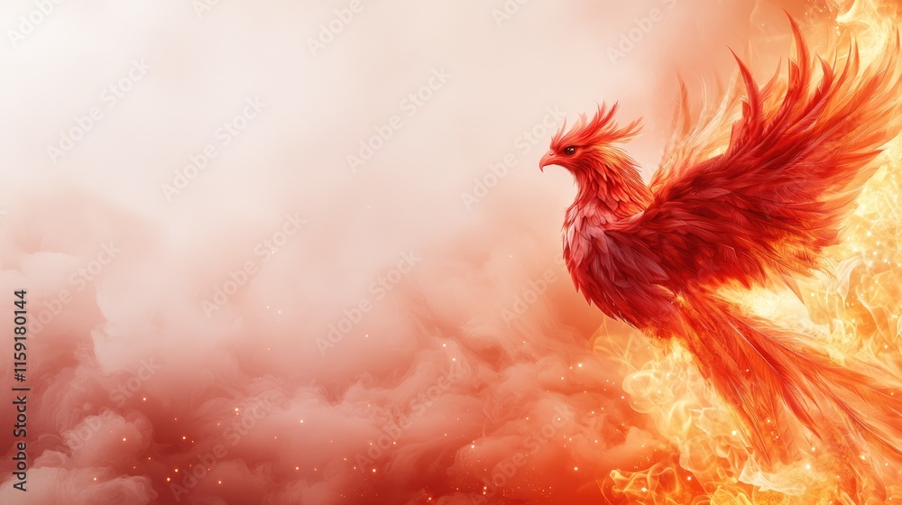 Fototapeta premium Majestic Phoenix Rising from Flames with Fiery Orange Background