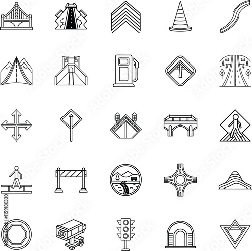 Road Infrastructure Icons Bridges, Highways, Traffic, Signs, Safety