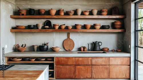 Wallpaper Mural Open kitchen shelves adorned with mud pottery utensils, blending rustic charm and modern living. Torontodigital.ca