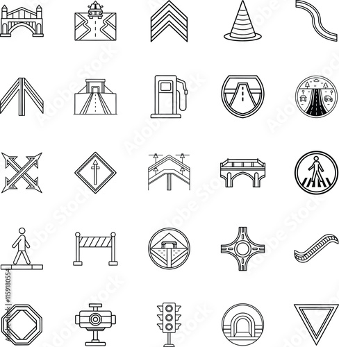 Road Infrastructure Icons Bridges, Roads, Signs, Traffic, and More