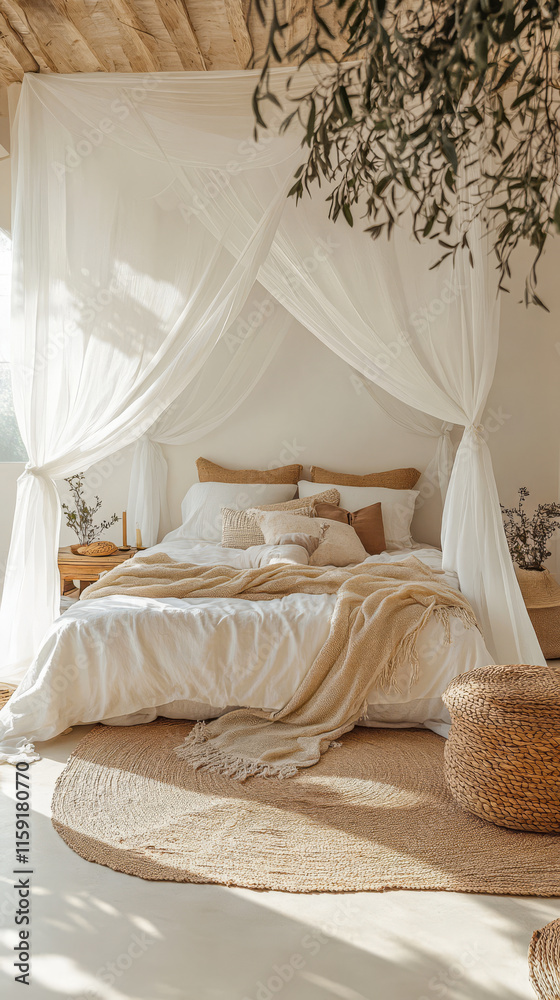 Cozy bedroom design with white canopy bed and natural decor in bright sunlight Cozy bedroom design with white canopy bed and natural decor in bright sunlight