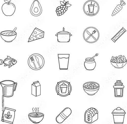 Healthy Eating Icons Food, Diet, Nutrition, Wellness, Lifestyle