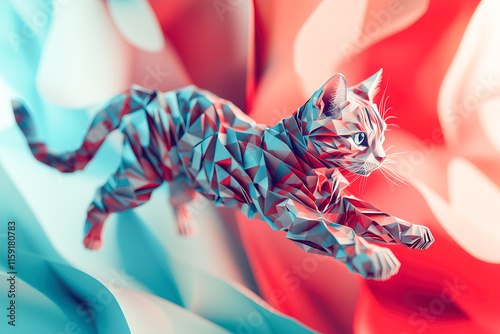 Cyan and red theme showcasing a paper origami Bengal cat in a dynamic leaping pose, perfect for creative design, animal-themed projects, and vibrant, playful visuals