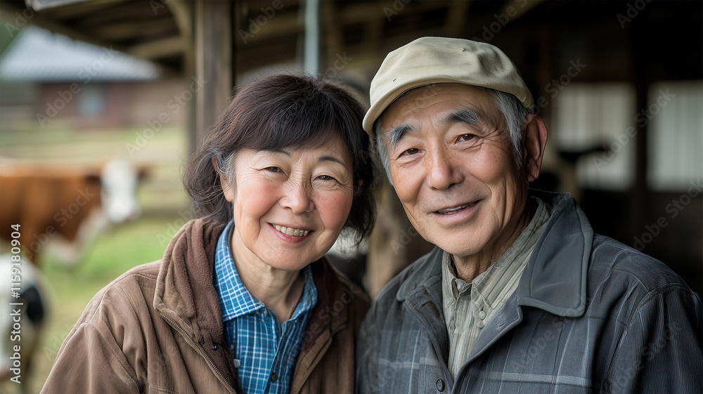 自然光の中で牛舎を背に笑顔を見せる初老酪農家夫婦 自然光の中で牛舎を背に笑顔を見せる初老酪農家夫婦