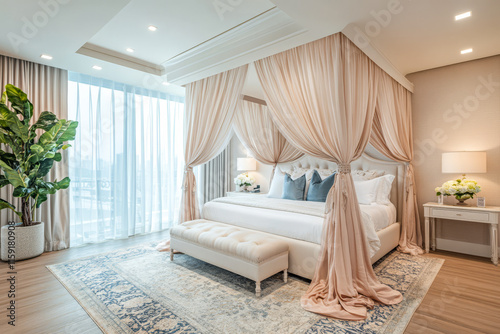 Elegant bedroom with canopy bed and modern decor in bright natural light