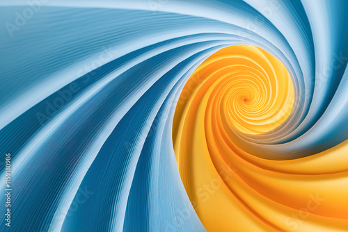 Fractal spiral with blue and yellow sides, gradually shifting as the spiral unfolds, illustrating complementary colors in a dynamic fractal pattern, perfect for color theory and art design projects