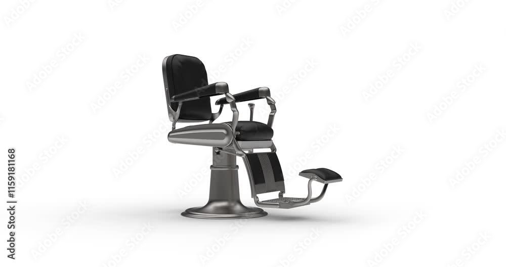 Detailed 3D render of a black leather barber chair with metal accents, set against a clean white background. Perfect for barbershop or salon advertising. 360-degree seamless loop animation in 4K quali Detailed 3D render of a black leather barber chair with metal accents, set against a clean white background. Perfect for barbershop or salon advertising. 360-degree seamless loop animation in 4K quali