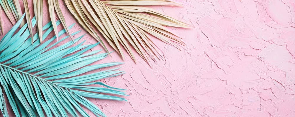 Fototapeta premium Palm tree abstract background idea. Stylish palm leaves in soft pastel colors on a textured pink background.