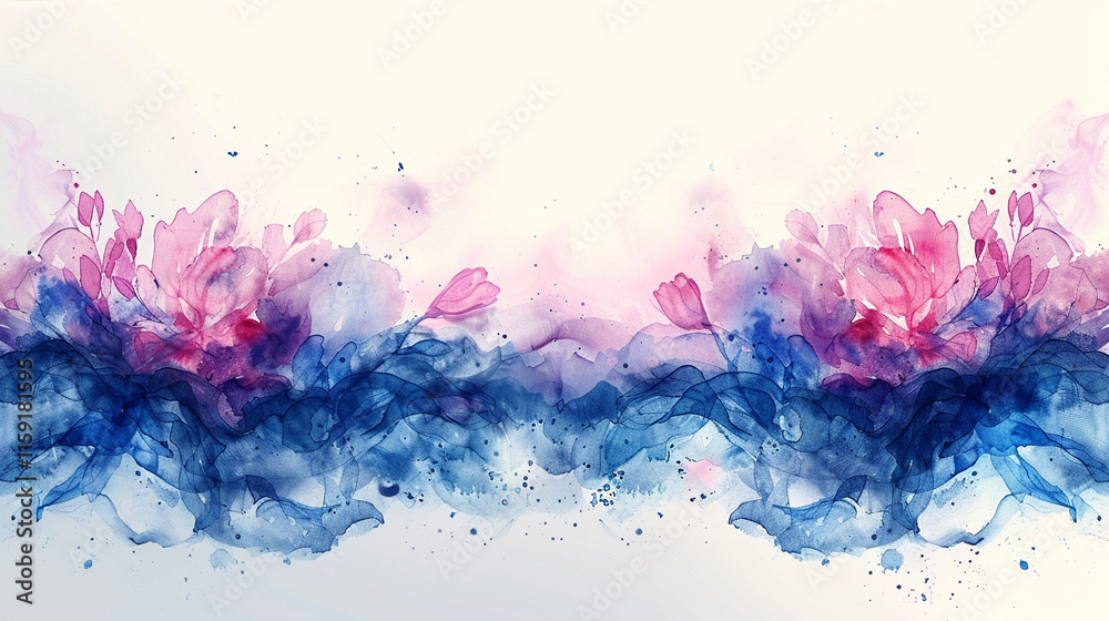 Fototapeta premium Blending blue and pink watercolor flowers on soft pastel