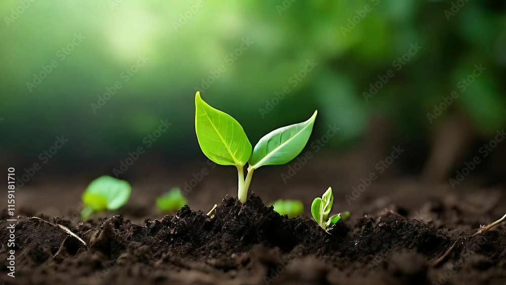 Fototapeta premium Young green leaf growing in the soil