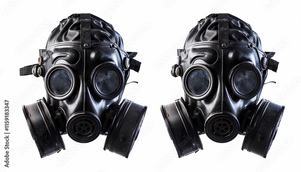 Black gas mask isolated on white, collage Black gas mask isolated on white, collage