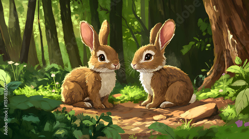Charming Brown Rabbits in a Forest Clearing - Nature Illustration