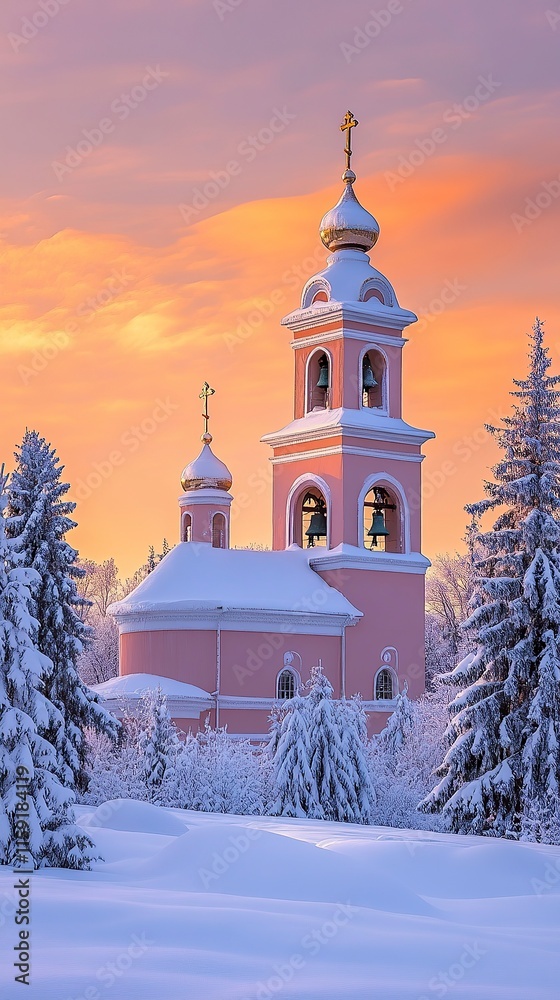Fototapeta premium Snow-Covered Orthodox Church on a Christmas Morning, Orthodox Christmas