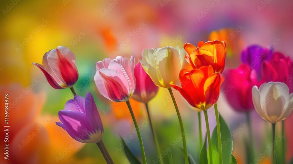 An artistic arrangement of vibrant tulips in various colors against a blurred urban background of skyscrapers, close-up shot, Contemporary style An artistic arrangement of vibrant tulips in various colors against a blurred urban background of skyscrapers, close-up shot, Contemporary style