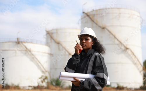 International woman Day, A Black female engineer holds drawings and uses walkie-talkies at an oil refinery storage tanks  area