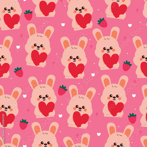 seamless pattern cute cartoon bunny with big pink heart. cute animal drawing for valentine wallpaper, pattern, background
