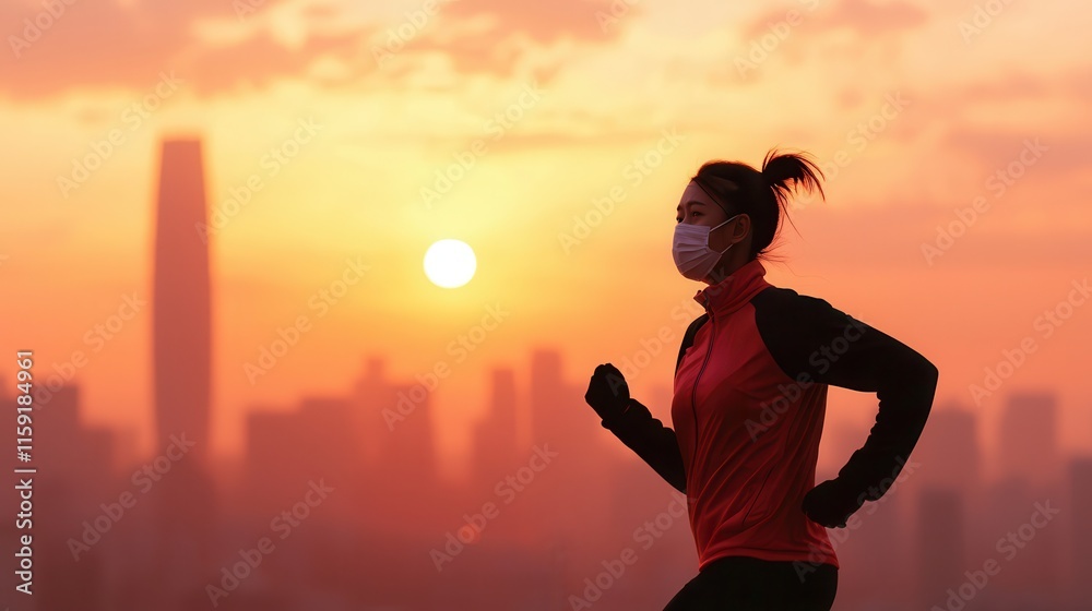 Fototapeta premium Chronic pollution harms air and health. Runner at sunset wearing a mask against city skyline backdrop.