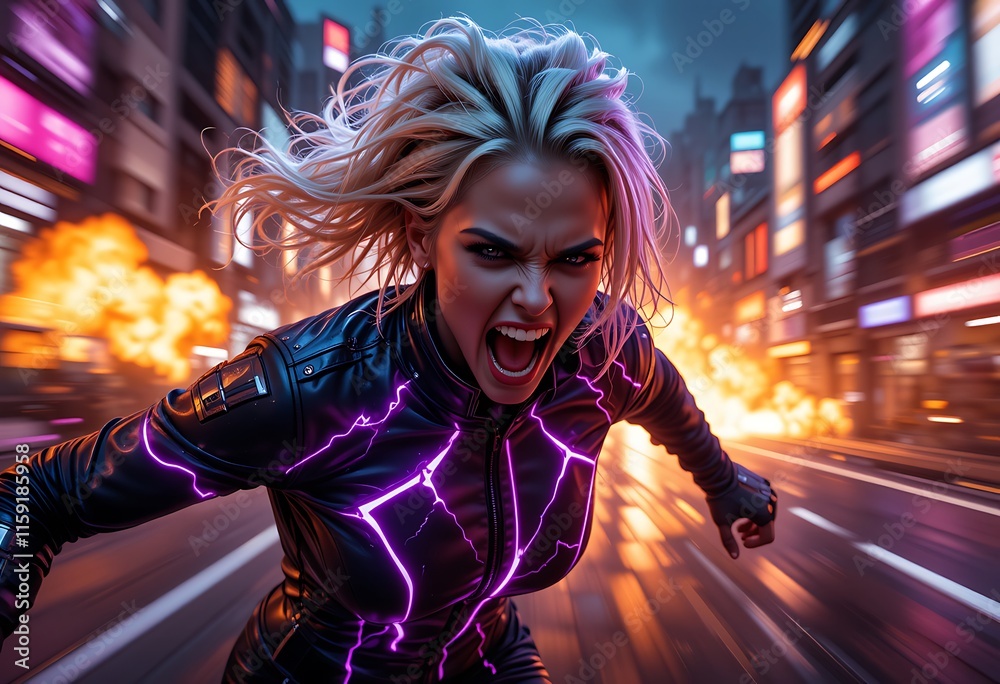 Cyberpunk Woman in Action, Running Through a Neon City. Generative AI Cyberpunk Woman in Action, Running Through a Neon City. Generative AI
