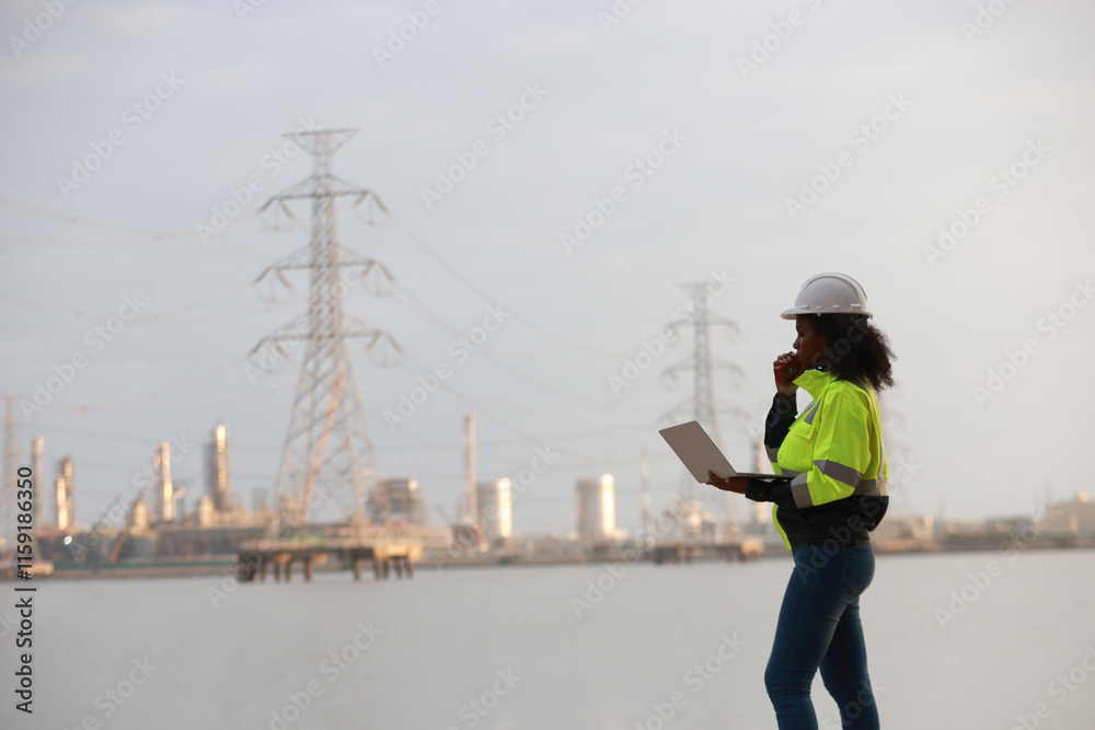 A Black female electrical engineer using a laptop computer to stand at the electricity station to see the electric power production plan at a high voltage electrode at the pier A Black female electrical engineer using a laptop computer to stand at the electricity station to see the electric power production plan at a high voltage electrode at the pier