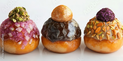 Modern Sufganiyot featuring innovative designs, with geometric glazing patterns and gourmet toppings like pistachio dust and edible glitter photo