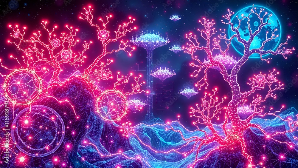 Quantum Bioluminescent Garden in Cybernetic Art Nouveau Style Quantum Bioluminescent Garden in Cybernetic Art Nouveau Style