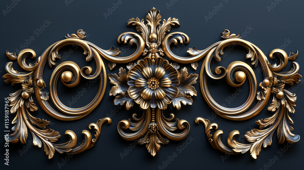Elegant floral design in antique gold finish adorns dark backdrop