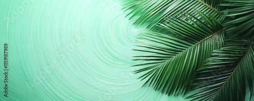 Palm tree abstract background idea. Vibrant green palm leaf against a soothing mint background, perfect for tropical themes.
