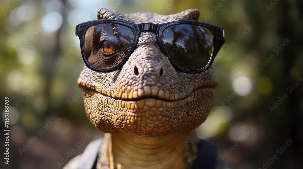 Dinosaur in sunglasses. Close-up portrait of a dinosaur. An anthopomorphic creature. A fictional character for advertising and marketing. Humorous character for graphic design