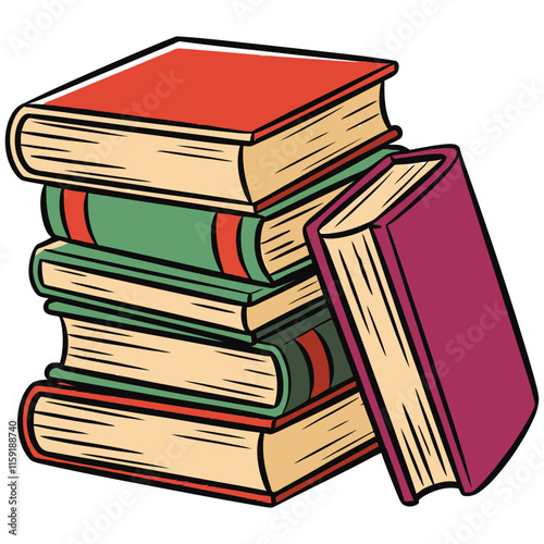 Stack of vintage hardcover books arranged in pile with colorful book covers in red green and purple showing education literature learning and knowledge concept for library or bookstore