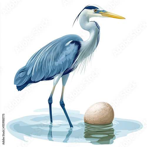 Vector illustration of a blue heron standing in water next to an egg, representing nature, wildlife, and animal behavior isolated on white background. photo