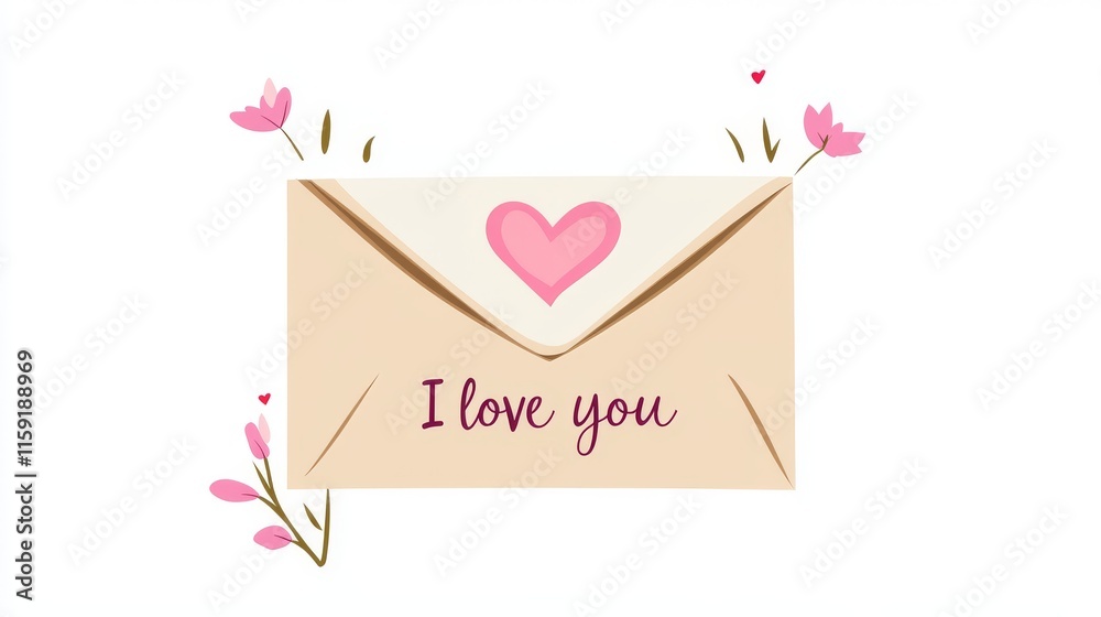 Love letter clipping for Valentine's day decoration isolated on white background. Beige and pink envelope with pink heart and I love you message on paper. Happy Valentine's day. Love letter clipping for Valentine's day decoration isolated on white background. Beige and pink envelope with pink heart and I love you message on paper. Happy Valentine's day.