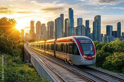 Trains travel through urban and tropical landscapes with vibrant surroundings. Public transport. AI generated image