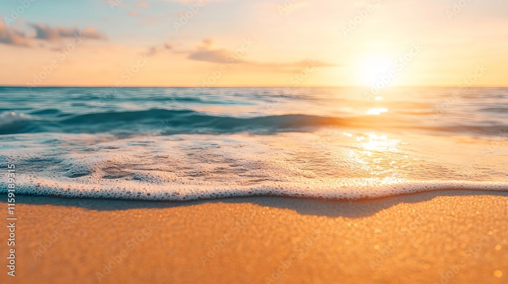 Closeup shot of sea sand beach, panoramic tropical seascape at sunset with golden and orange sky, tranquil and relaxing summer mood perfect for vacation, travel, and holiday banners Closeup shot of sea sand beach, panoramic tropical seascape at sunset with golden and orange sky, tranquil and relaxing summer mood perfect for vacation, travel, and holiday banners