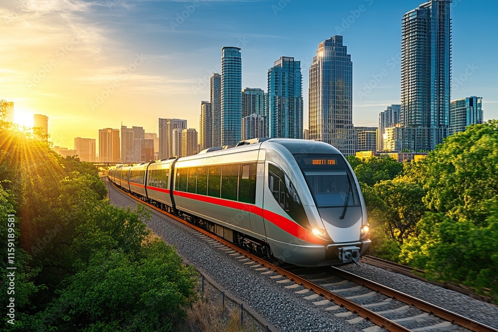 Naklejka premium Trains travel through urban and tropical landscapes with vibrant surroundings. Public transport. AI generated image