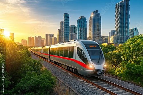Trains travel through urban and tropical landscapes with vibrant surroundings. Public transport. AI generated image