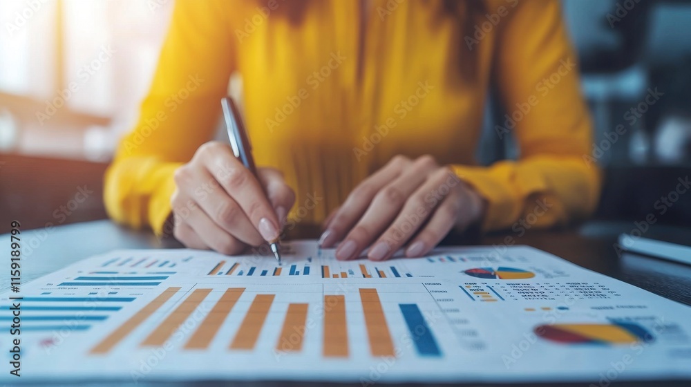 Professional at Work Analyzing Data with Graphs and Charts on Desk in Modern Office Setting with Bright Natural Light Professional at Work Analyzing Data with Graphs and Charts on Desk in Modern Office Setting with Bright Natural Light