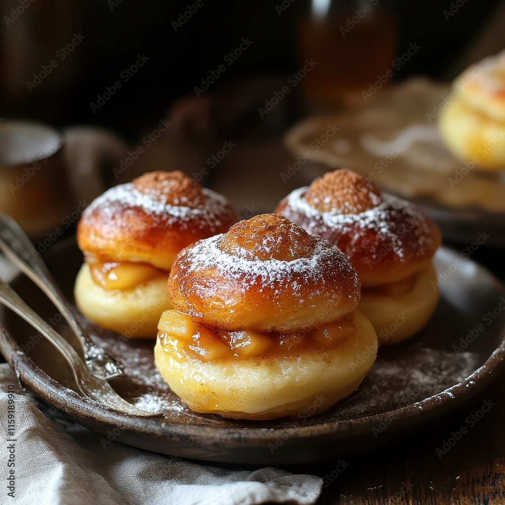 Traditional Sufganiyot with a twist, filled with spiced apple compote and topped with cinnamon sugar, Rustic, Warm tones, Cozy. Traditional Sufganiyot with a twist, filled with spiced apple compote and topped with cinnamon sugar, Rustic, Warm tones, Cozy.