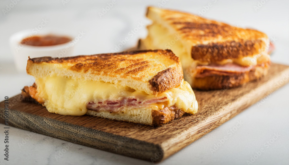 Hot croque monsieur, French ham and grilled cheese sandwich on wooden board. Fast food. Tasty snack Hot croque monsieur, French ham and grilled cheese sandwich on wooden board. Fast food. Tasty snack