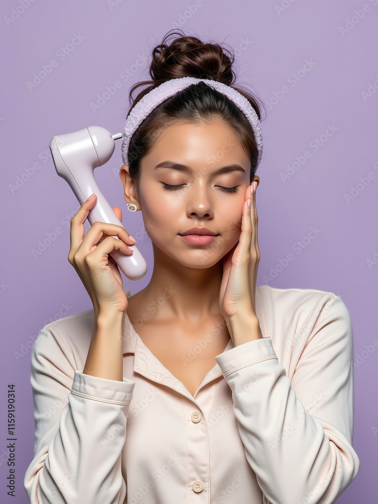Tired Woman Using Head Massager for Relaxation Product Campaigns Tired Woman Using Head Massager for Relaxation Product Campaigns