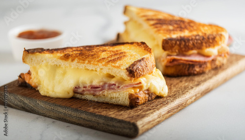 Hot croque monsieur, French ham and grilled cheese sandwich on wooden board. Fast food. Tasty snack