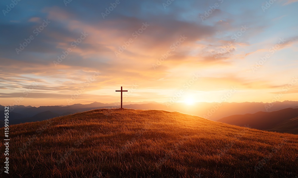 Obraz premium A serene landscape with a solitary cross on a hilltop at sunset, symbolizing peace and reflection. The warm hues of the sky provide a tranquil and spiritual ambience.