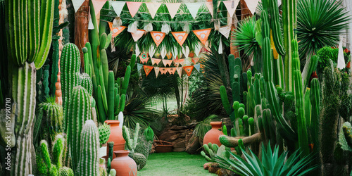 Lush Cactus Garden with Festive Flags Desert Plants and Terracotta Pots photo