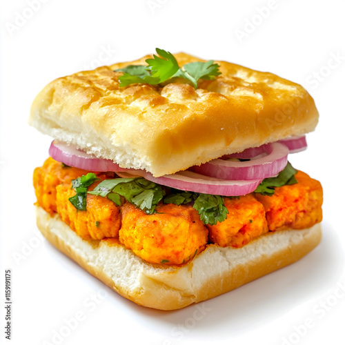 Vada pav indian sandwich isolated on white background. photo