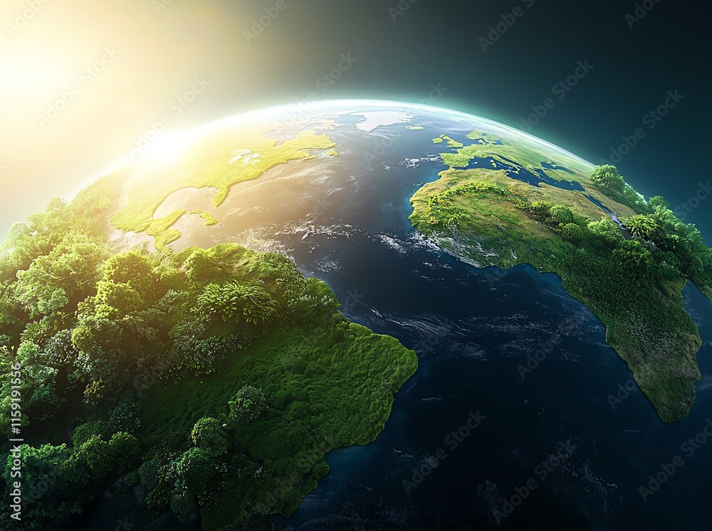 A vibrant image of Earth from space, highlighting lush green continents and a glowing atmosphere, symbolizing the beauty and fragility of our planet under sunlight. A vibrant image of Earth from space, highlighting lush green continents and a glowing atmosphere, symbolizing the beauty and fragility of our planet under sunlight.
