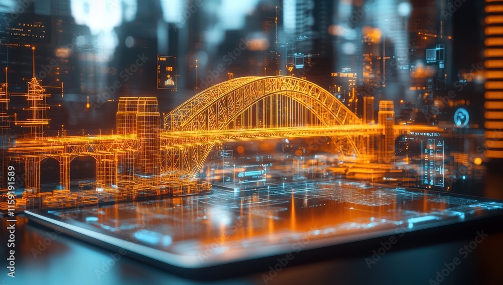Obraz premium Cityscape on Tablet: A futuristic city skyline emerges from a tablet screen, showcasing an illuminated bridge as a symbol of progress, innovation, and connectivity. 
