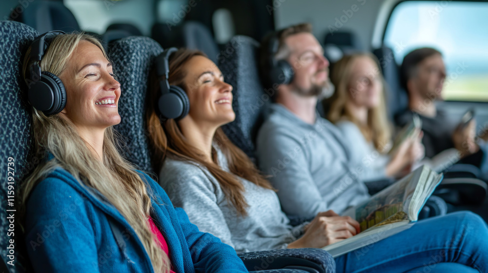 Obraz premium Relaxing Commuters Enjoying Their Time on the Bus with Headphones and Books
