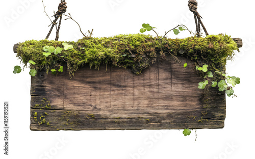 A rustic wooden sign covered in moss and small green plants hangs from ropes, isolated on a transparent background.