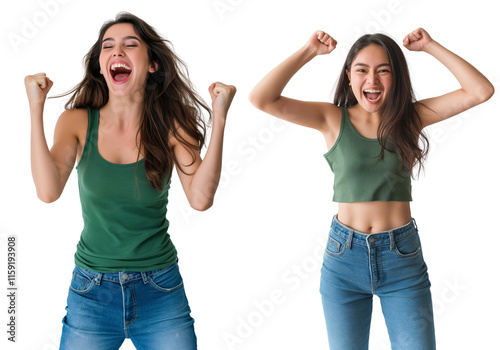Woman in a green tank top and jeans excitedly celebrating her win isolated on transparent background, cutout PNG