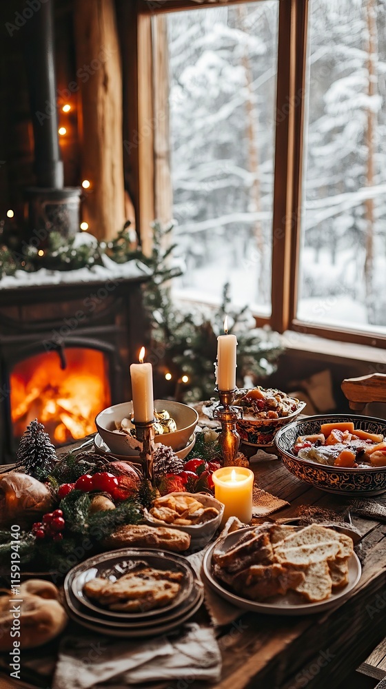 Traditional Orthodox Christmas Table Setting in a Rustic Cabin, Orthodox Christmas