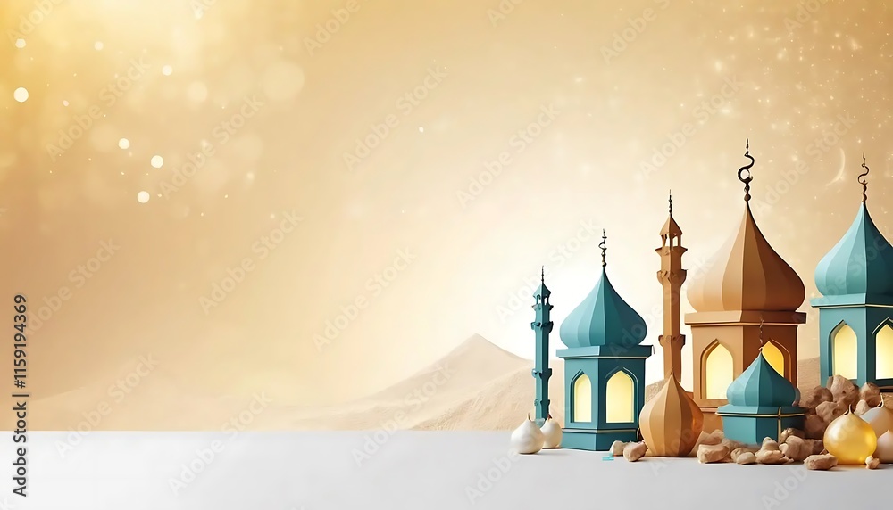 Fototapeta premium Golden Mosque Silhouette - Serene Ramadan Landscape